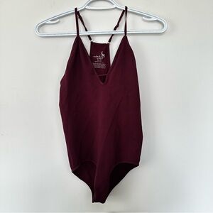 Free People Burgundy Ribbed Stretchy V Neck Bodysuit M/L